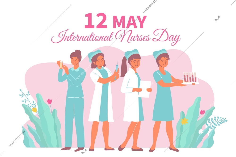 Flat international nurses day card with women in medical attire at work vector illustration