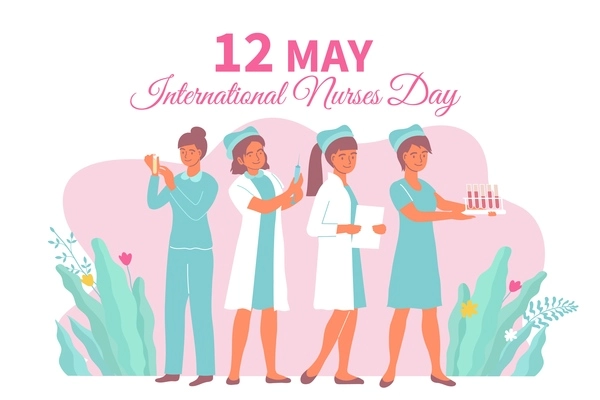 Flat international nurses day card with women in medical attire at work vector illustration