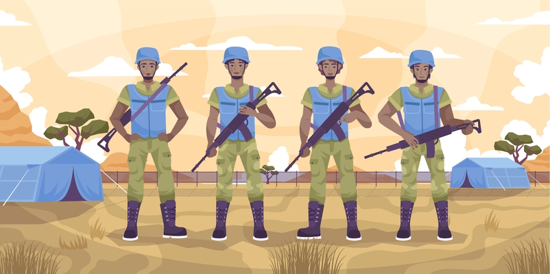 Peacekeepers guard flat concept four military men standing in a tent city vector illustration