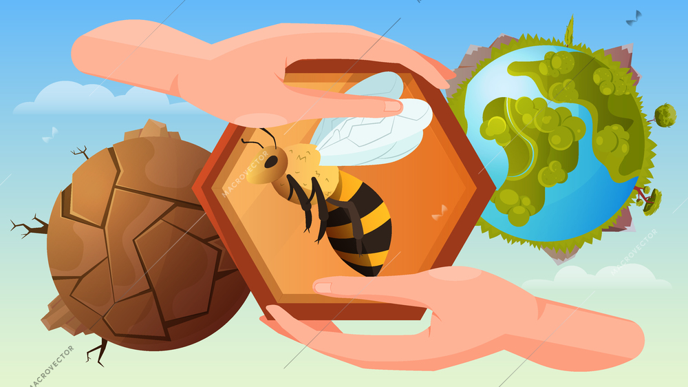 Bee protection flat poster with human hands holding honeycomb at blooming and dead planet background vector illustration