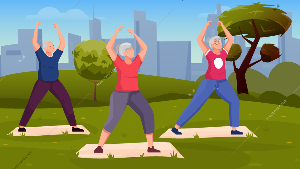 Qigong energy background with three  elderly people doing exercises outdoors vector illustration