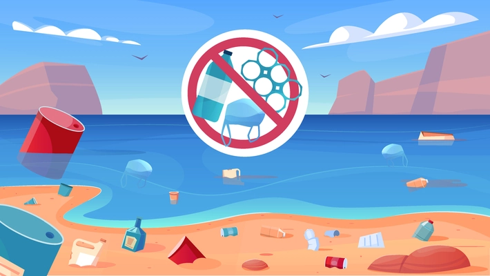 Ocean pollution flat background with plastic and other trash on sea and beach surface vector illustration