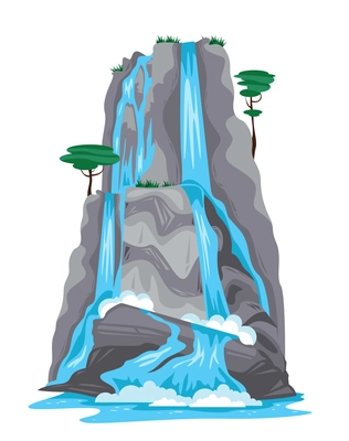 Nature cartoon object of waterfall falling from top of mountain isolated on white background vector illustration