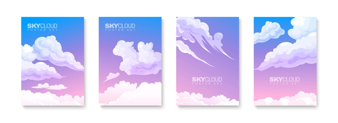Four isolated posters with various shapes of white fluffy clouds on gradient background flat vector illustration