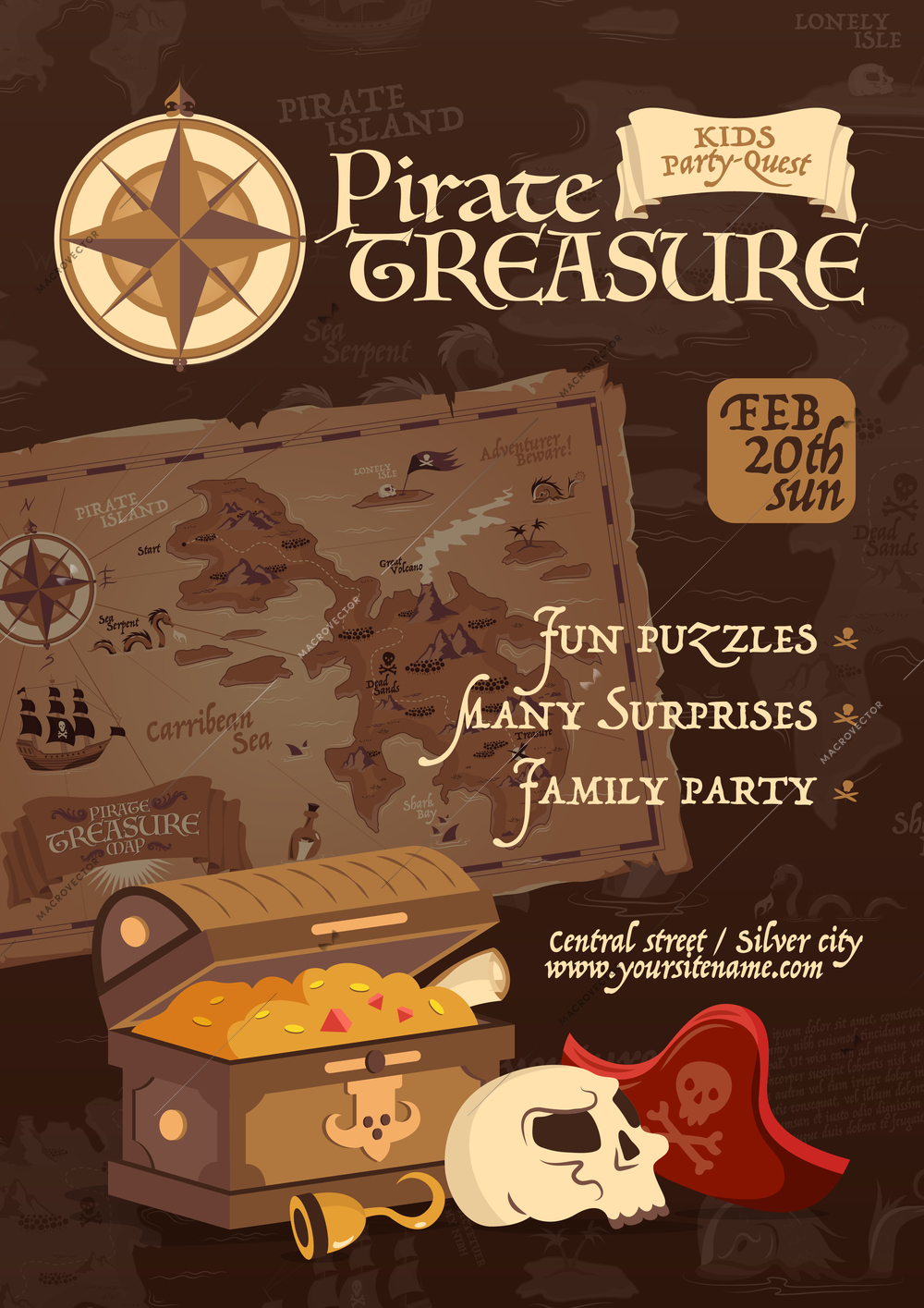 Pirate treasure poster in vintage style for family party and kids quest cartoon vector illustration