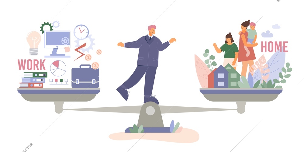 Family vs work composition with doodle character of man standing on balance between family and work vector illustration