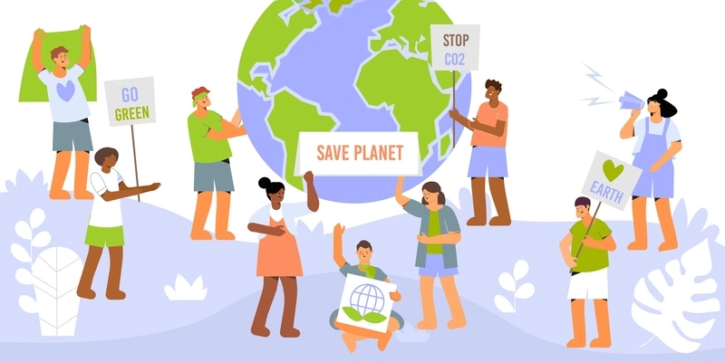 Horizontal composition with characters of environmental protection activists holding text placards with image of earth globe vector illustration