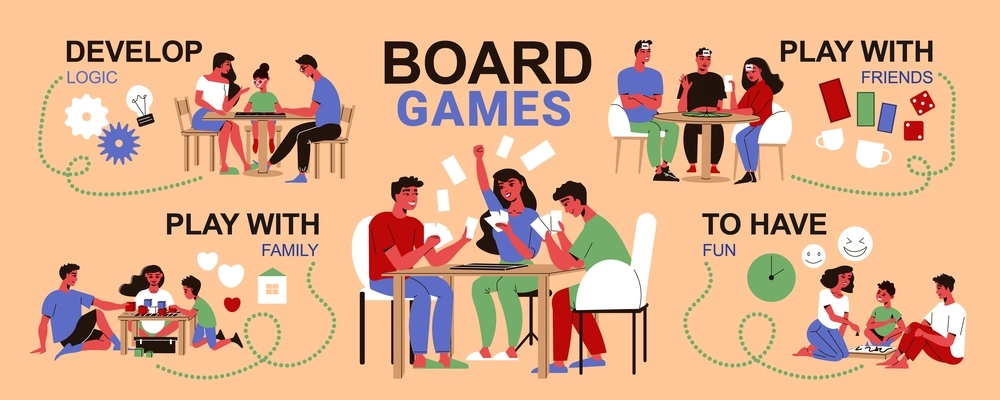 Board games family infographics with editable text captions pointing to doodle style human characters of players vector illustration