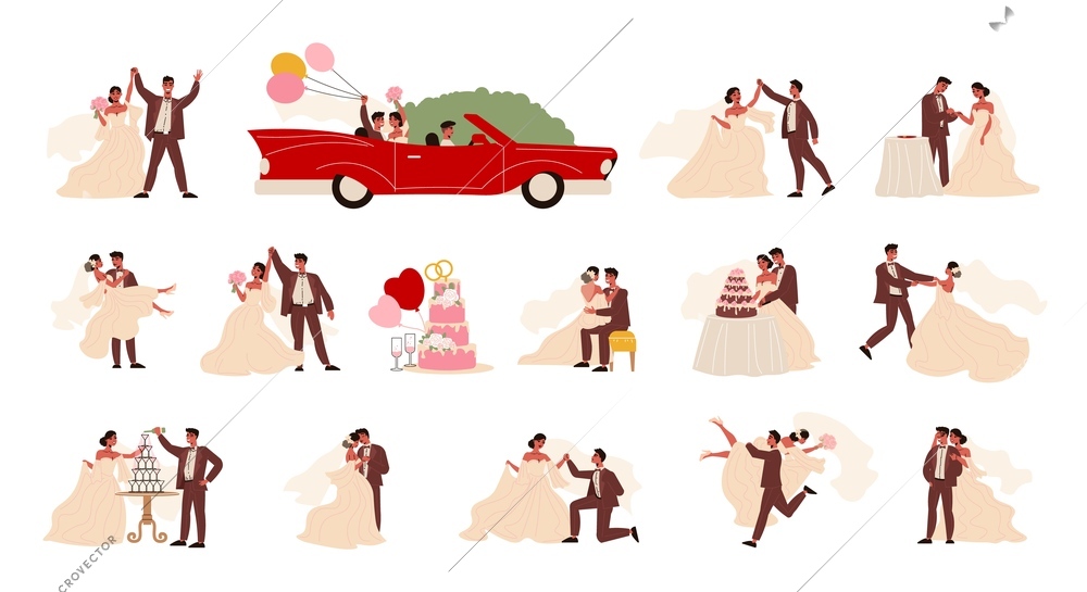 Wedding couple marriage bride groom set of isolated human characters in costumes with car and balloons vector illustration