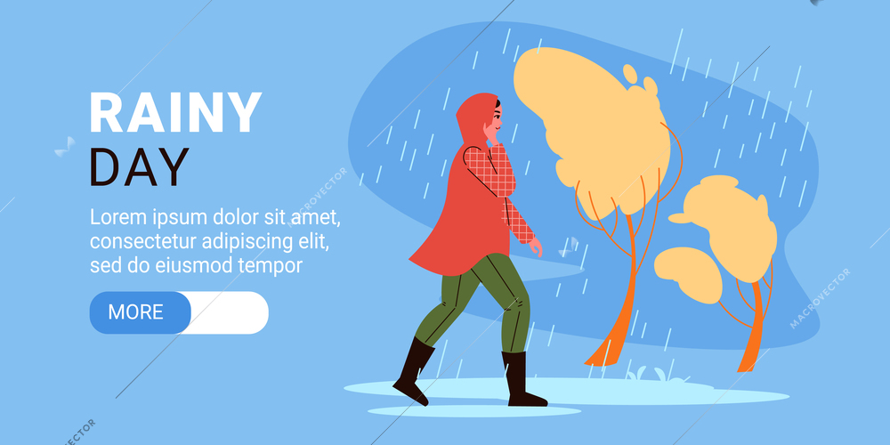 People walking with umbrella horizontal banner with editable text more button and character of rainy girl vector illustration