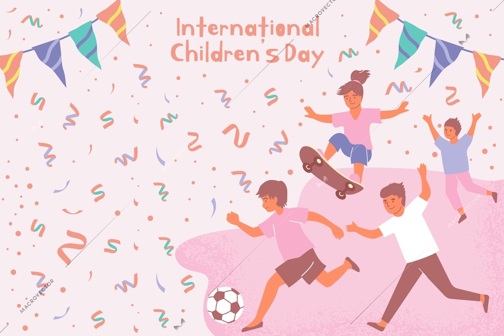 Flat colored international childrens day card with big headline ribbons and confetti vector illustration