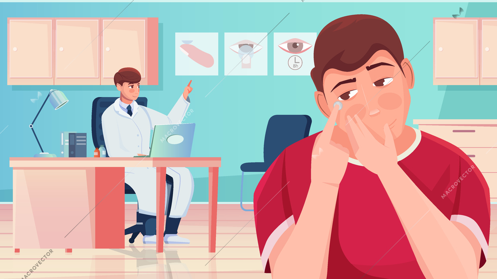 Ophthalmologist explaining to young man how to apply contact lens correctly flat vector illustration