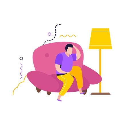 Low energy people composition with discouraged man sitting on soft chair at home vector illustration