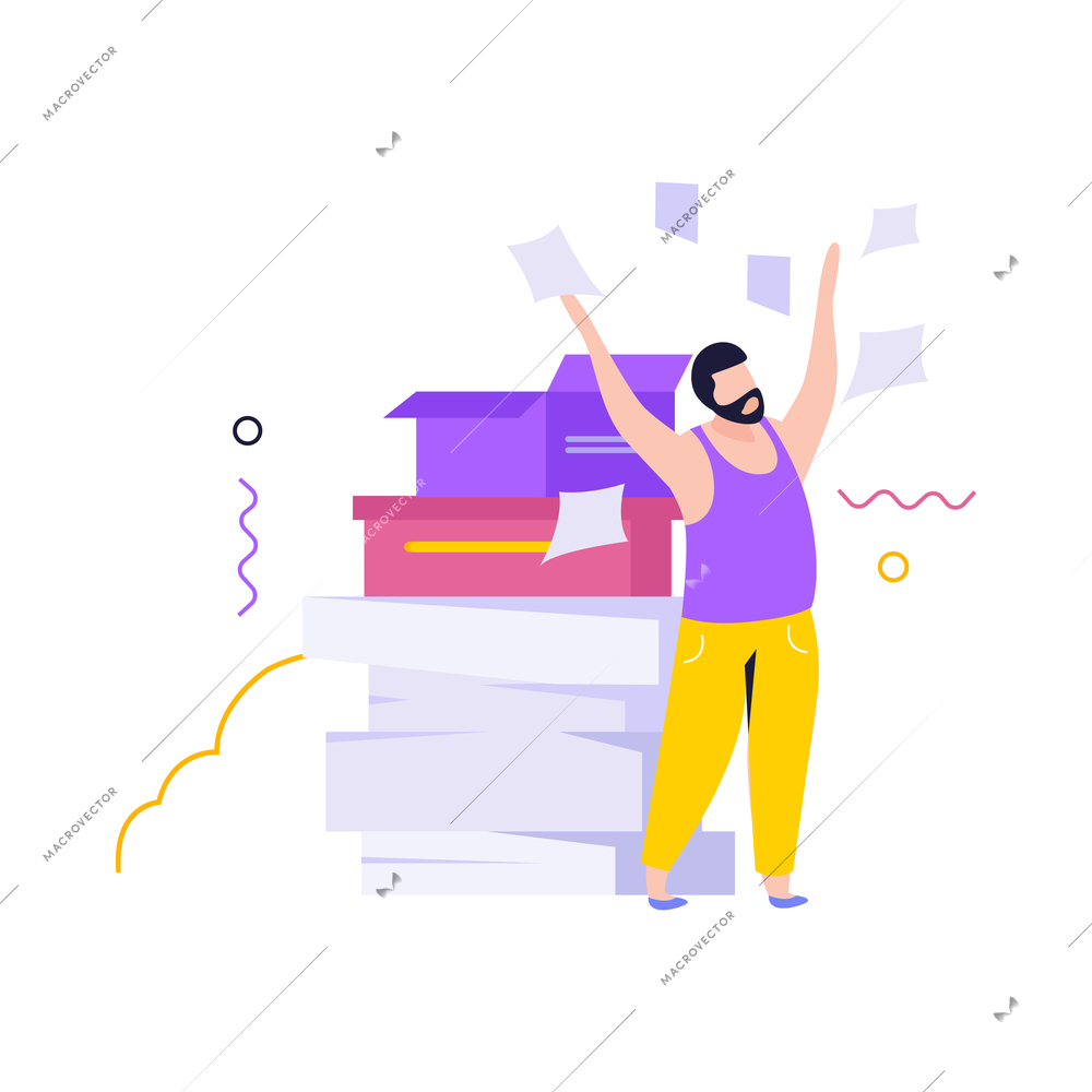 Low energy people composition with man throwing papers in the air vector illustration