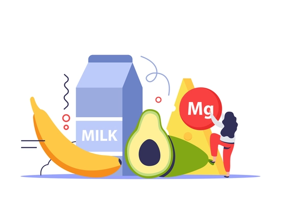Vitamins in products flat composition with magnesium symbol and milk pack with banana avocado and cheese vector illustration