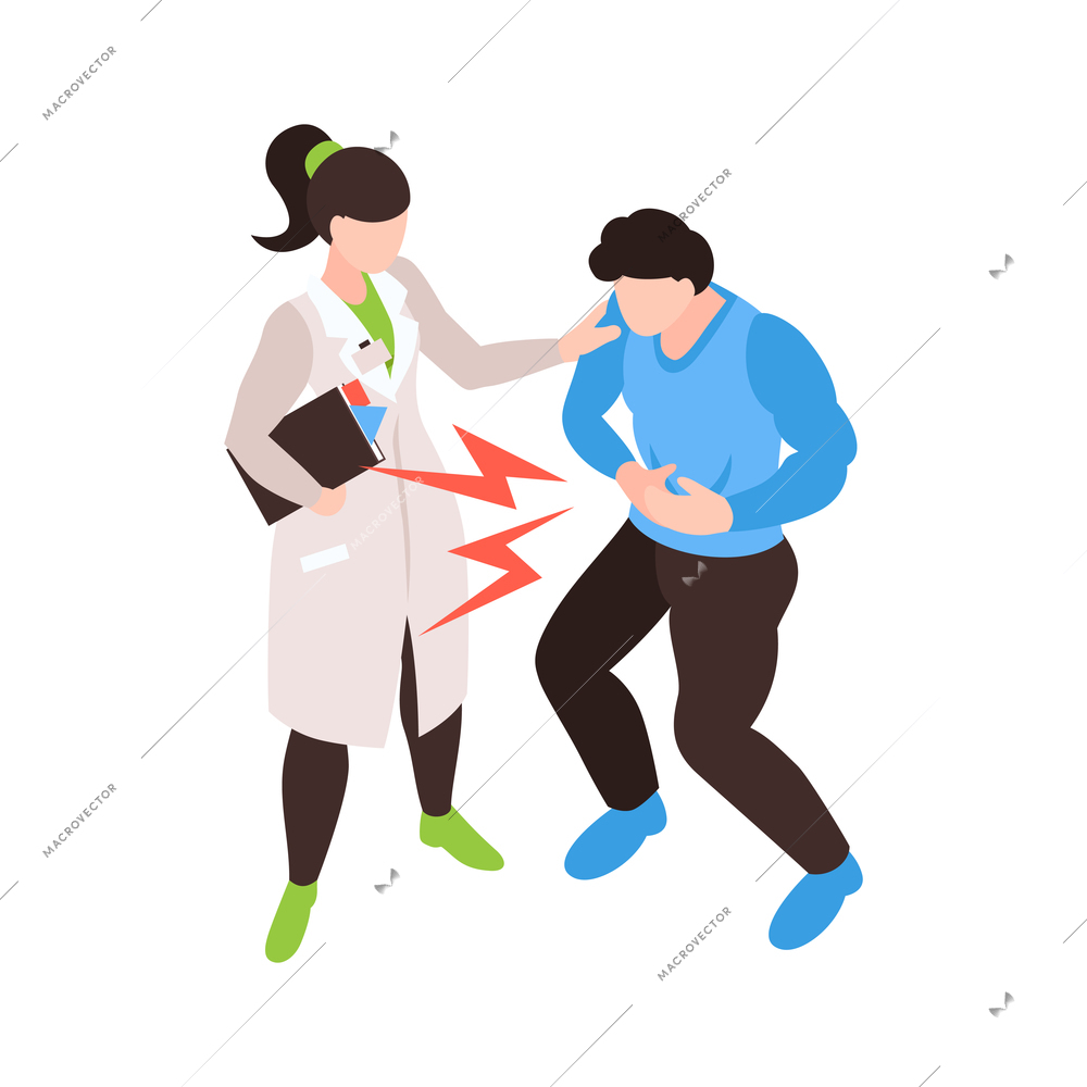 Isometric gastroenterology composition with female gastroenterologist and male patient with pain in stomach vector illustration