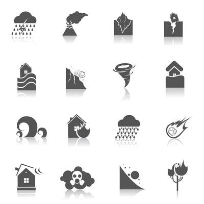 Natural disaster environmental catastrophe icons black set isolated vector illustration
