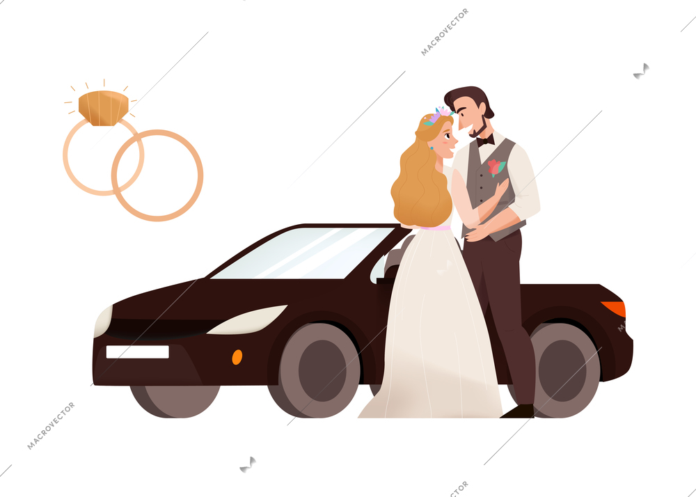 Marriage ceremony wedding day composition with characters of groom and bride with rings and cabrio car vector illustration