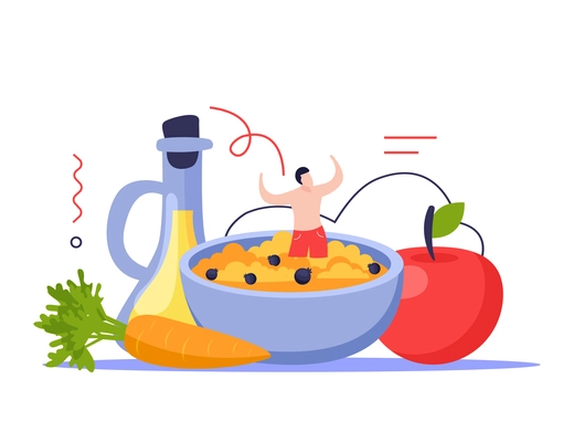 Vitamins in products flat composition with male character inside porridge plate with oil carrot and apple vector illustration