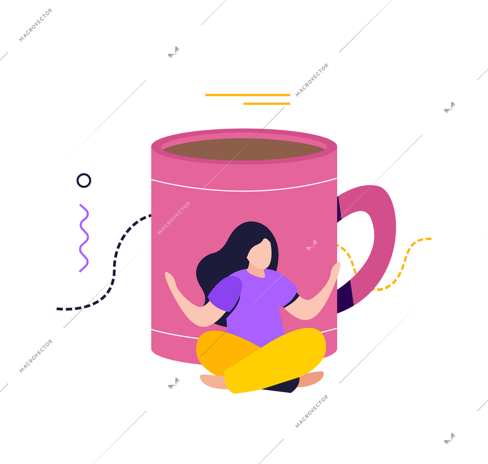 Low energy people composition with image of cup of coffee with woman sitting in zen pose vector illustration