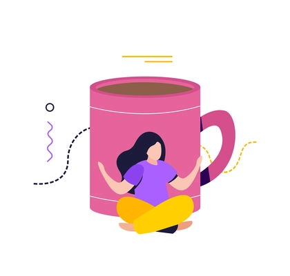 Low energy people composition with image of cup of coffee with woman sitting in zen pose vector illustration