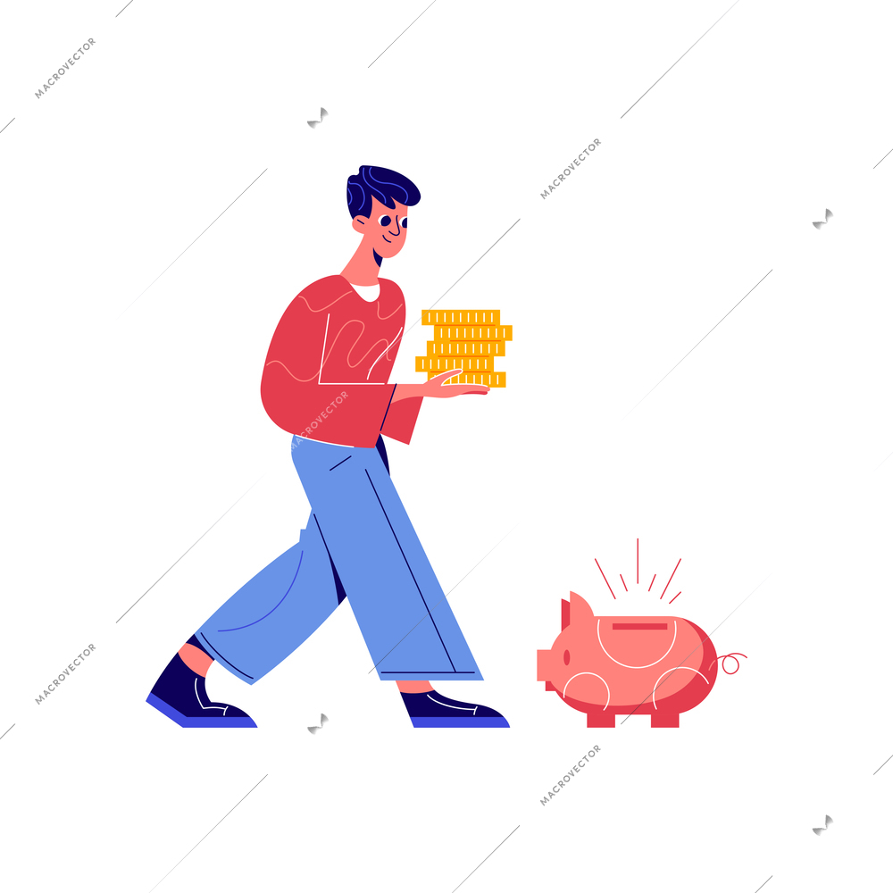 Crowdfunding composition with male character carrying stack of coins with piggy box vector illustration