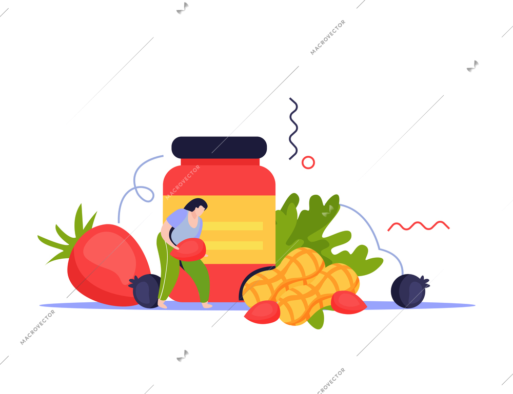 Vitamins in products flat composition with human character and berries with nutraceutical pack vector illustration