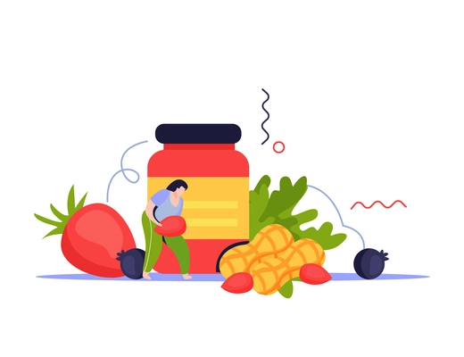 Vitamins in products flat composition with human character and berries with nutraceutical pack vector illustration