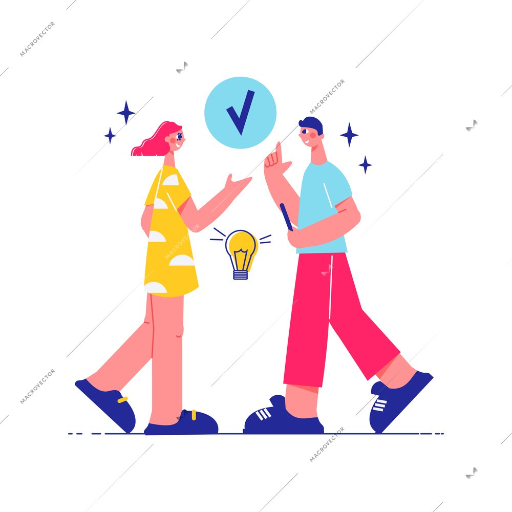 Brainstorm team work composition with male and female characters with done sign and lamp bulb vector illustration