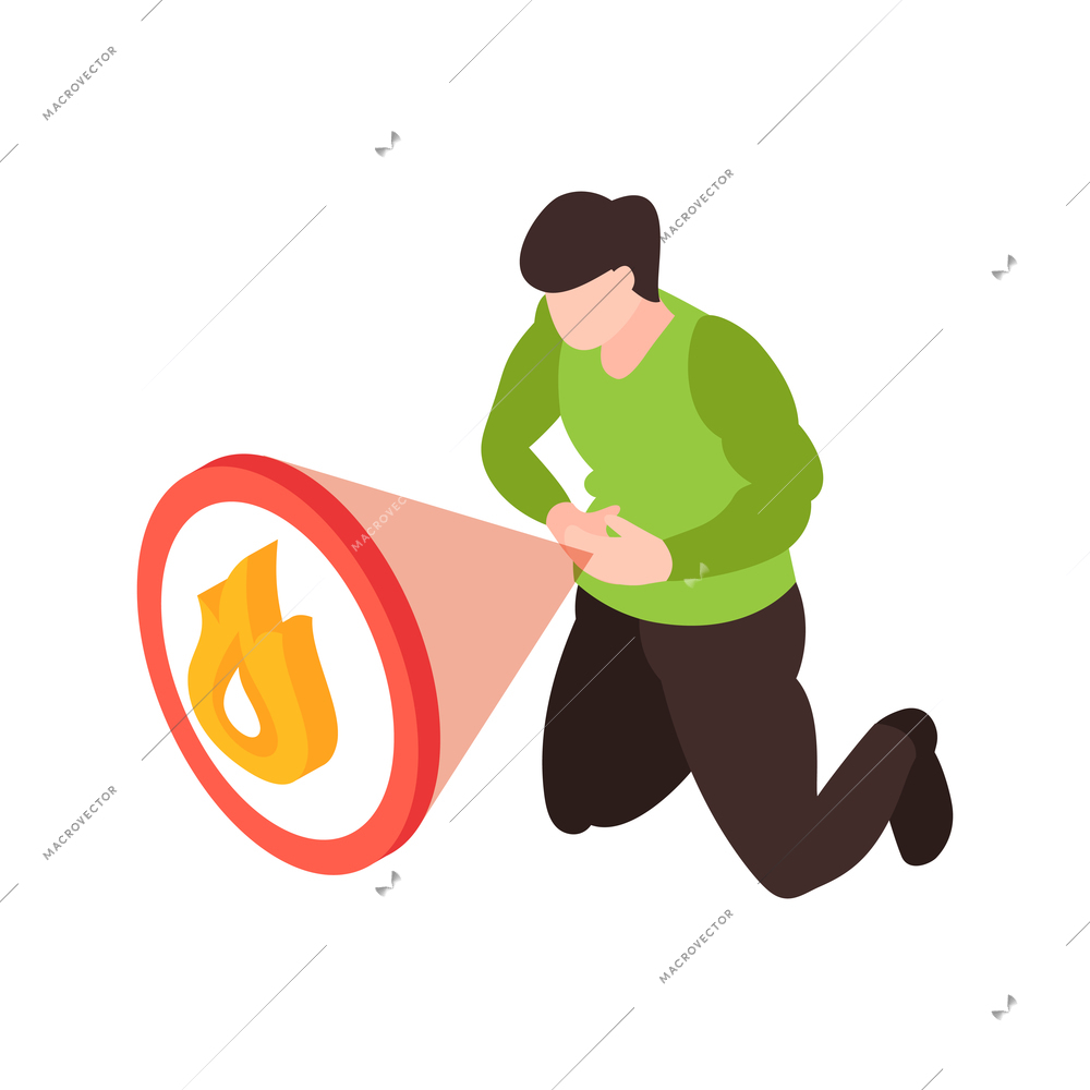 Isometric gastroenterology composition with man holding by his stomach and burning icon vector illustration