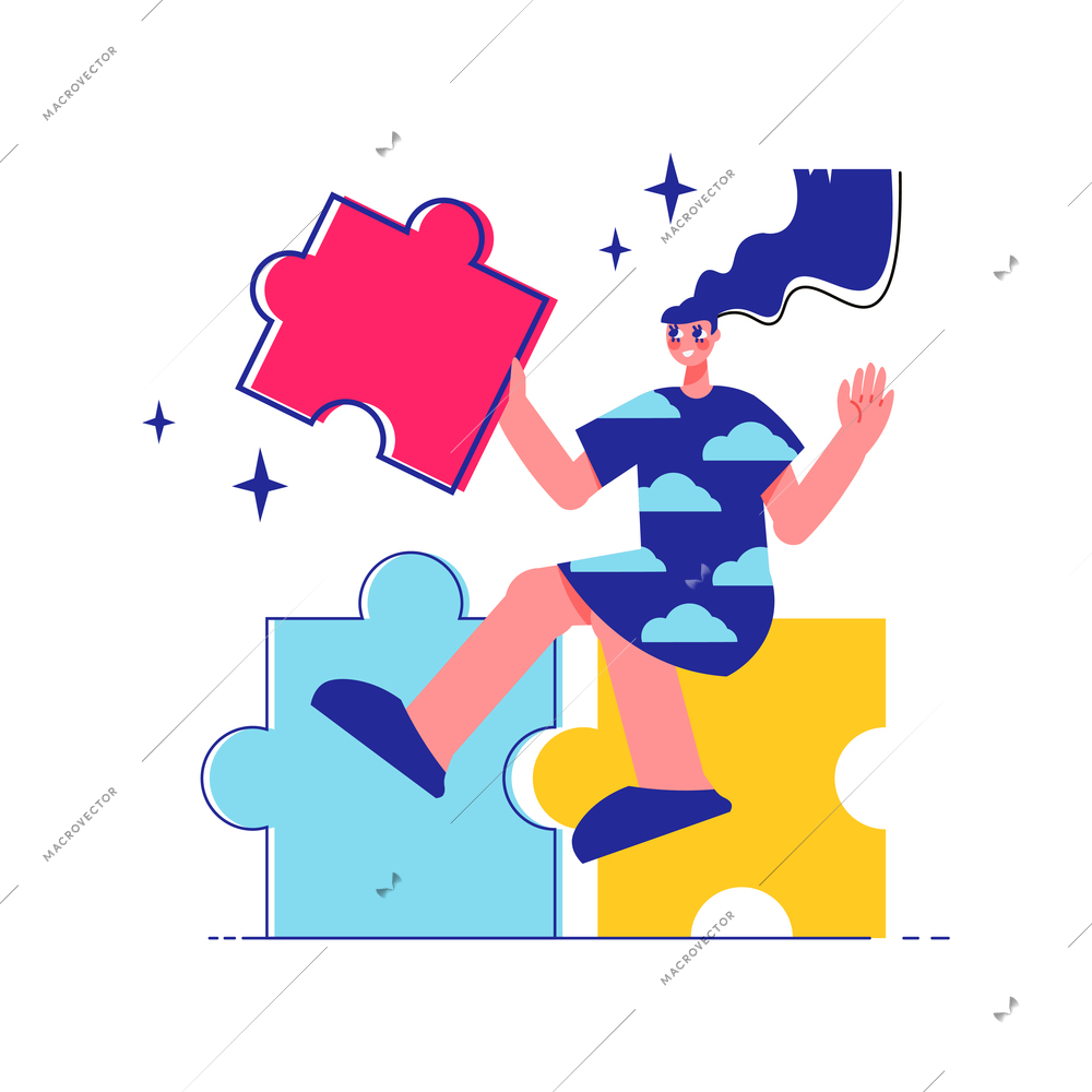 Brainstorm team work composition with female character sitting on top of puzzle pieces vector illustration