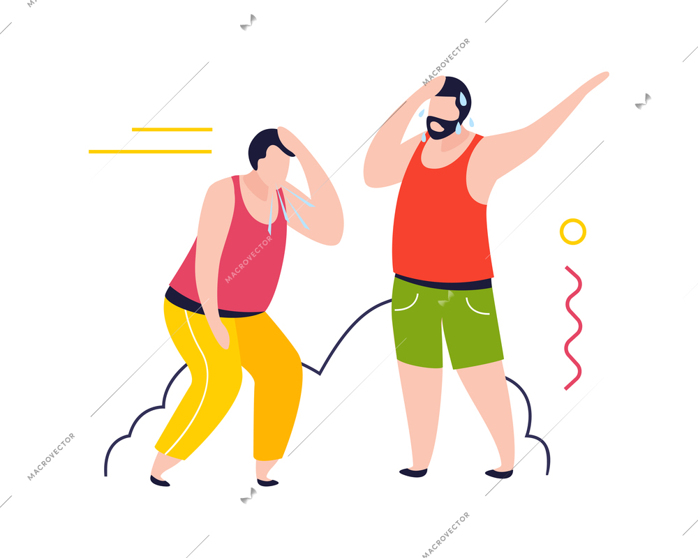 Hygiene protection flat composition with male characters sweating sneezing and coughing vector illustration