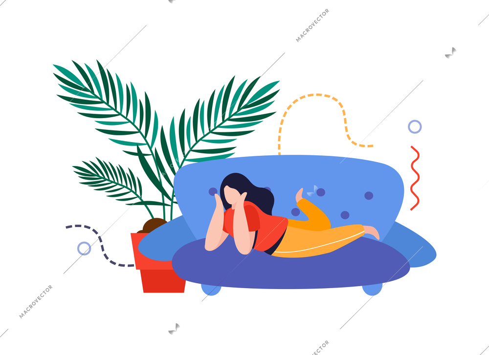 Home garden flat composition with woman lying on sofa with home plant in pot vector illustration