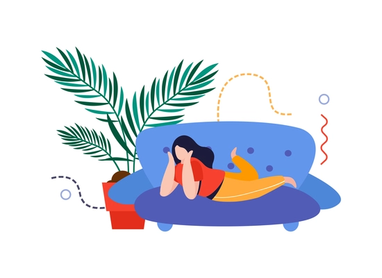 Home garden flat composition with woman lying on sofa with home plant in pot vector illustration