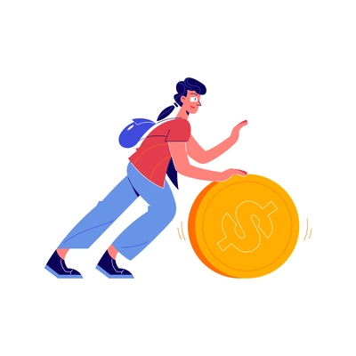 Crowdfunding composition with doodle character pushing big dollar coin vector illustration