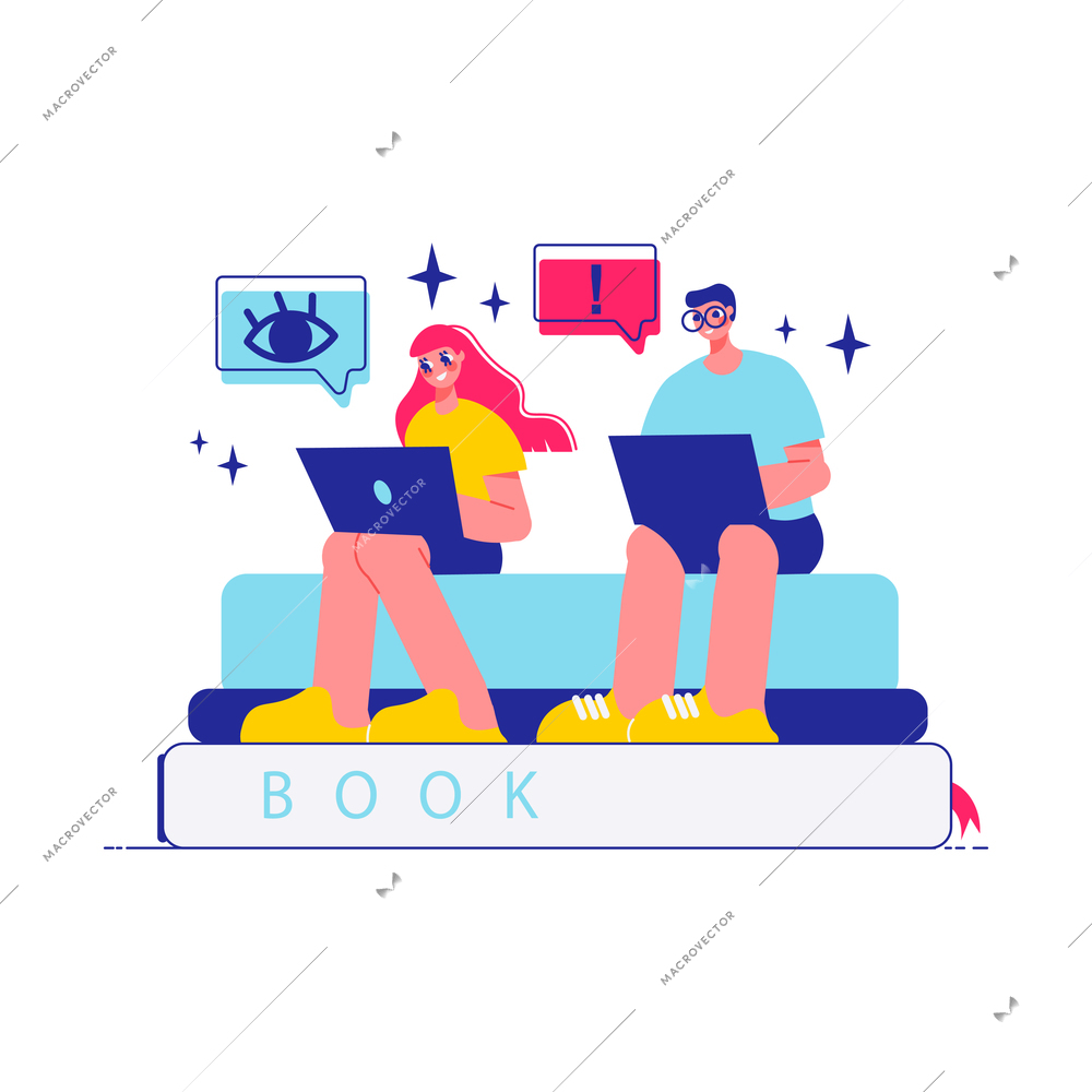 Brainstorm team work composition with characters of woman and man working with laptops sitting on stack of books vector illustration