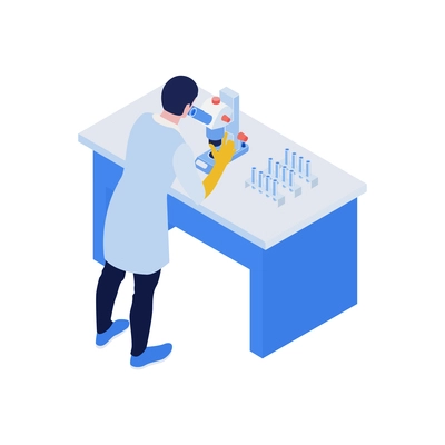 Isometric vaccination composition with scientist looking in microscope with test tubes vector illustration