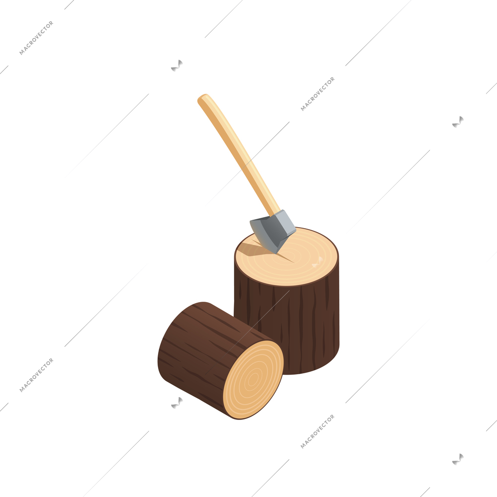Sawmill timber mill lumberjack isometric composition with isolated image of wood stubs with axe vector illustration