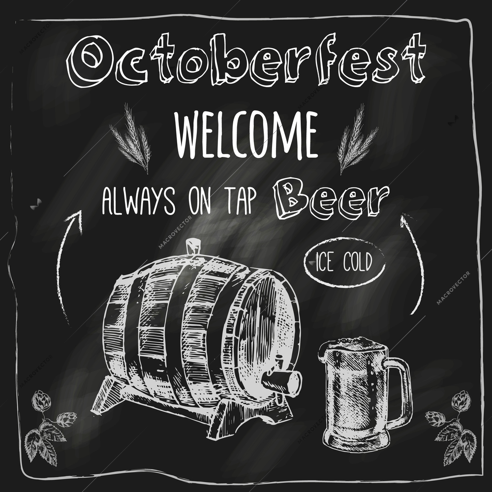 Octoberfest ice cold fresh oak barrel flavor beer with free snacks advertising blackboard  placard  sketch vector illustration