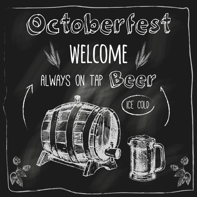 Octoberfest ice cold fresh oak barrel flavor beer with free snacks advertising blackboard  placard  sketch vector illustration