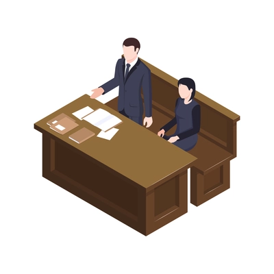 Isometric lawyer court justice law composition with standing attorney and female client vector illustration