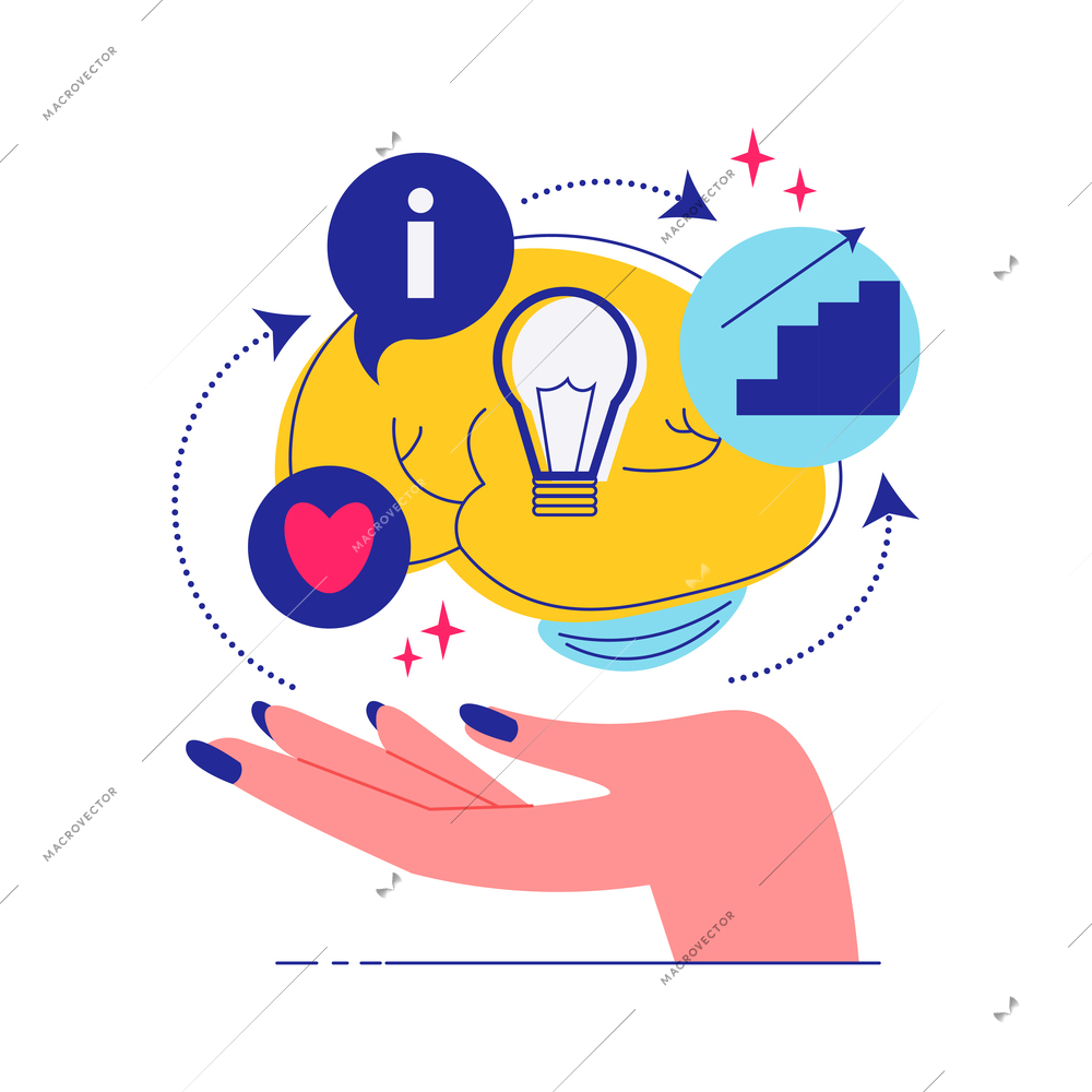Brainstorm team work composition with human hand and icons of brain with heart and lamp symbols vector illustration
