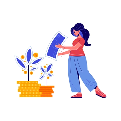 Crowdfunding composition with doodle woman and money plants growing from coins vector illustration