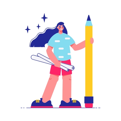 Brainstorm team work composition with character of girl holding rolled drafts and big pencil vector illustration