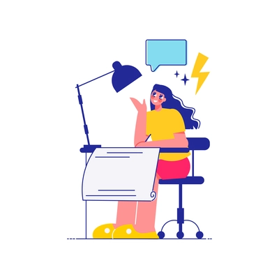 Brainstorm team work composition with sitting woman with lamp and project sheet with thought bubble and bolt vector illustration