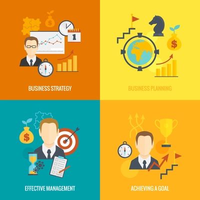 Business strategy planning icon flat set with effective management achieving a goal isolated vector illustration