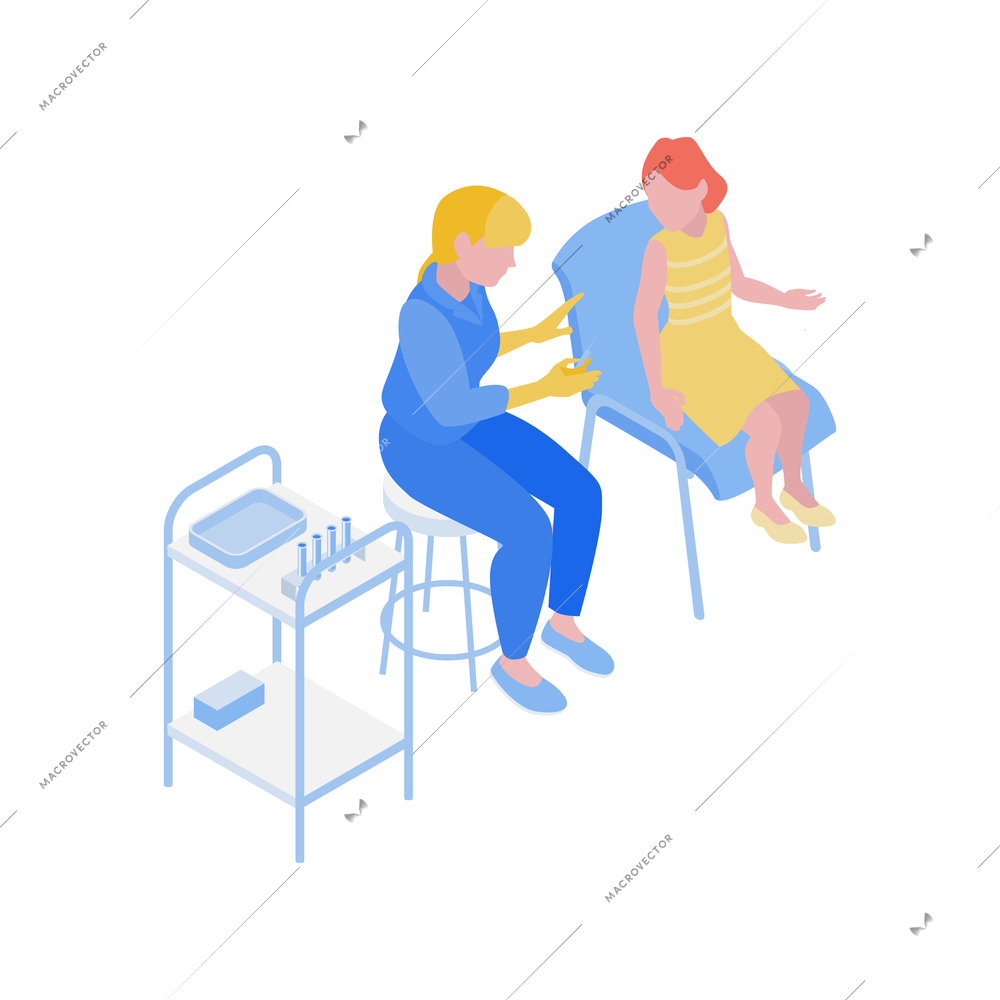 Isometric vaccination composition with medical specialist talking to child about vaccine vector illustration