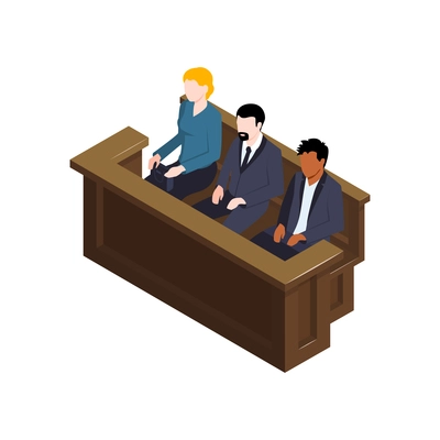 Isometric lawyer court justice law composition with three human characters sitting at tribune vector illustration