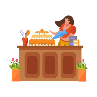 Hobby flat people composition with female character making cakes on blank background vector illustration