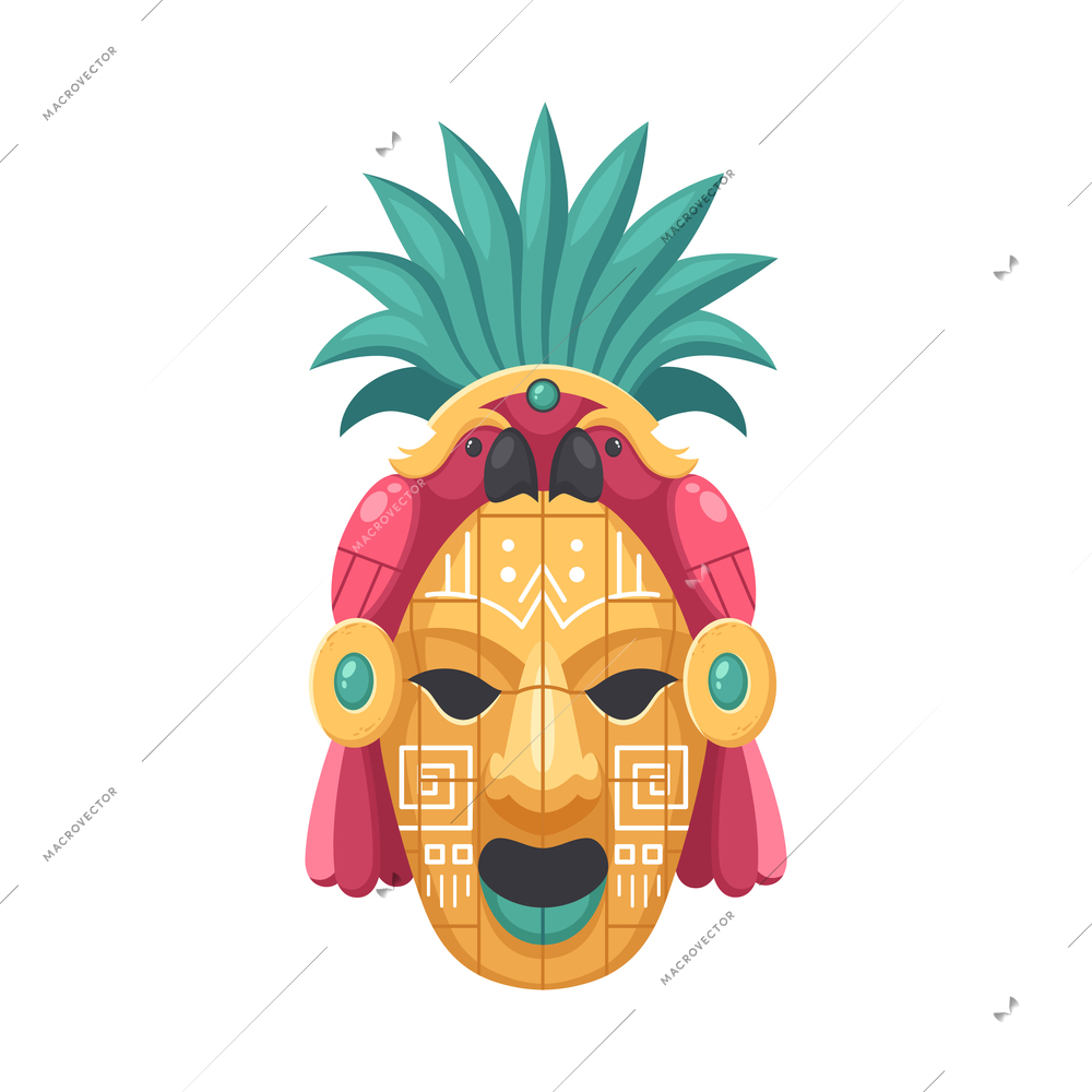 Maya civilization cartoon composition with isolated image of pineapple shaped mask with parrots vector illustration